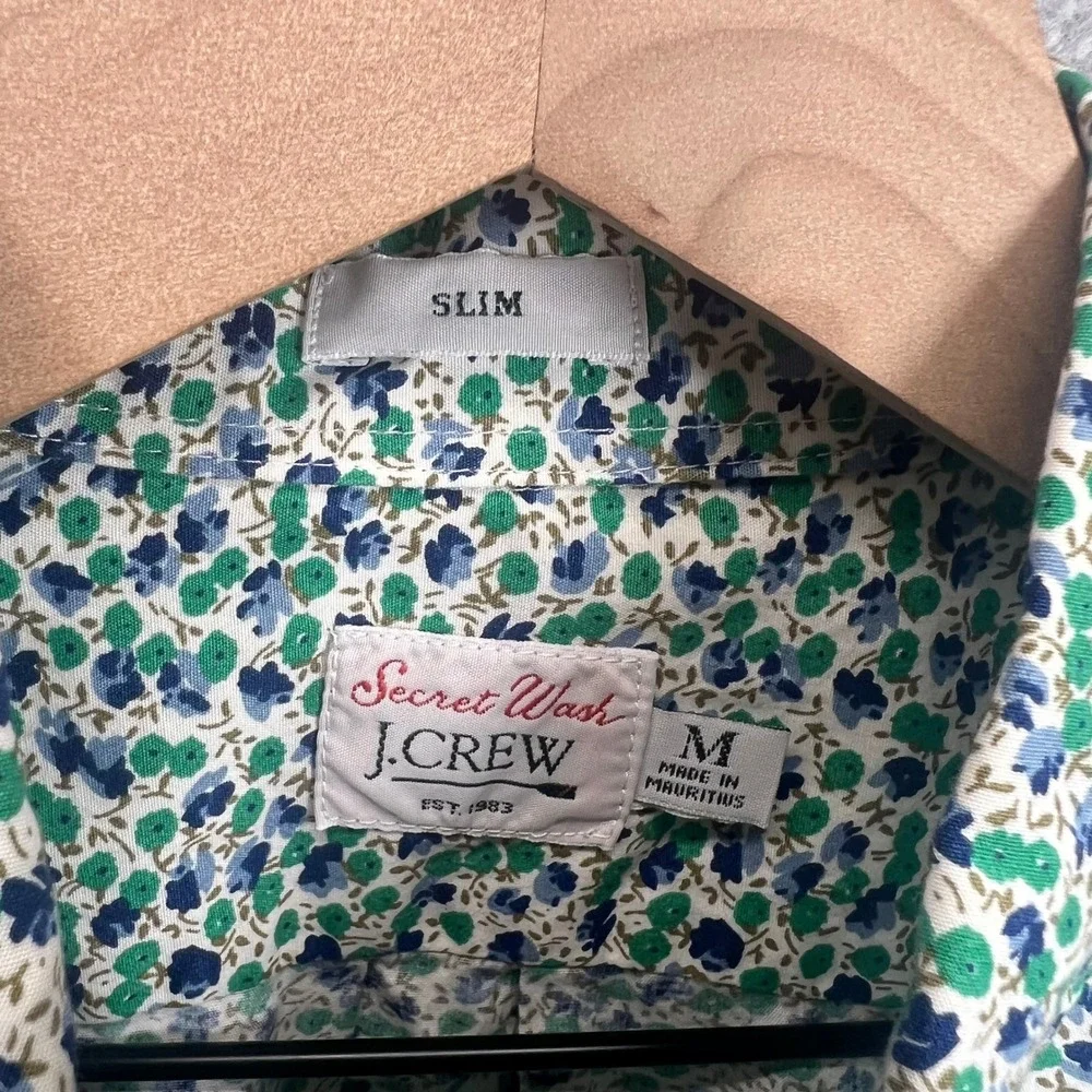 J Crew Secret Wash‎ Button Down Mens M Green Floral Long Sleeve Slim Fit EUC